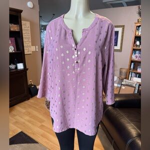 Emily Daniels pink & gold 3/4 sleeves Vneck blouse-size XL